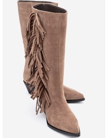 Resim Luvishoes Luvi Shoes Orlo Toprak Süet Hakiki Deri Püsküllü Kadın Western Çizme Toprak 