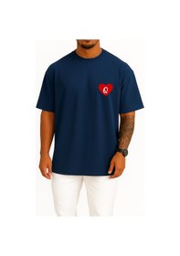 Resim Bahriyeli Collection Oversize Sevgililer Günü Özel Kalp İçinde Q Harfi Cep Baskılı Unisex T-shirt Lacivert 
