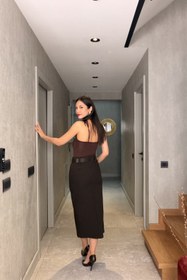 Resim Kahverengi Kemerli Yırtmaçlı Kalem Etek - Kahverengi / 36 