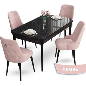 Resim Canisa Concept Nev Serisi 80 x 132 cm Açılabilir Siyah Mermer Desen Masa Takımı 4 Sandalye Gümüş Halkalı 