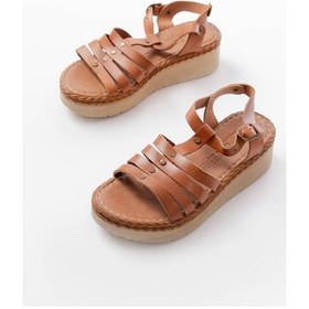 Resim 730-142 Taba Hakiki Deri Ortopedik Taban Kadın Sandalet Altın - Taba 