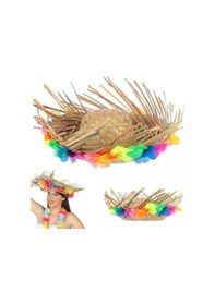 Resim Mey İthalat Naturel Renk Püsküllü Örme Hasır Hawaii Luau Aloha Şapka 13x36 Cm 