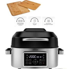 Resim Karaca Airfryer ve Izgara Makinesi 6 Kişilik Geniş Hacim Gastro Grill Yağsız Fritöz Elektrikli Barbekü Hediye Ahşap Kesme Tahtası Seti 