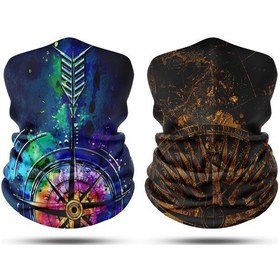 Resim Dair Pusula Desenli 2'li Set Boyunluk Bandana Outdoor Balaklava Yüz Maskesi Kafa Bandı 