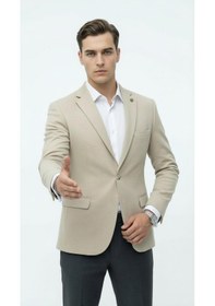 Resim Plus Scorpion Erkek Kolu Yamalı Blazer Ceket Taş Renk, İtalyan Kesim Slim Fit, Şık Tasarım Taş 