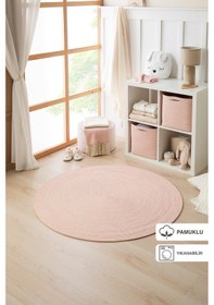 Resim Ocean Home Textile Yıkanabilir Pembe Kırçıllı Pamuklu Halı Kilim 120 cm çap 