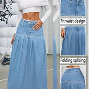 Resim Kadınlar İçin Yüksek Bel Kesim, Pileli Detaylı ve Yırtık Kenarlı A-Kesim Denim Etek - İlkbahar Yaz Sonbahar için Orta Boy Makinede Yıkanabilir Şık Koleksiyon 