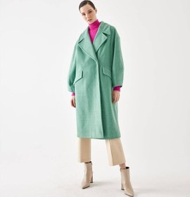 Resim Kol Detaylı Yeşil Çizgili Oversize Kaşe Kaban 001 
