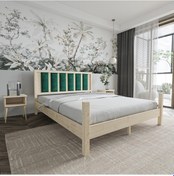 Resim Orion Model Zümrüt Yeşili Puflu Başlıklı Doğal Çam Ahşap Karyola-74 150 x 200 CM 