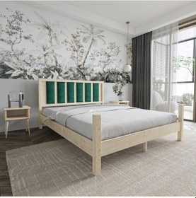 Resim Orion Model Zümrüt Yeşili Puflu Başlıklı Doğal Çam Ahşap Karyola-74 150 x 200 CM 