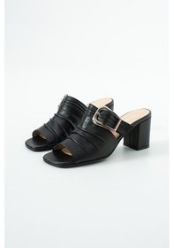 Resim Dericia Shoes Legacy Hakiki Deri Kadın Kalın Topuklu Piliseli Terlik Siyah 