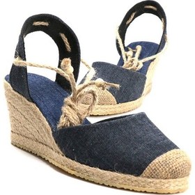 Resim Star Tombis Gerçek Elişi Topuğu Açık Bilekten Bağlamalı Bej Dolgu Topuk Keten Hasır Espadril Handmade Mavi 