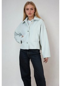 Resim Oversize Desenli Kadın Kısa Kaşe Kaban Bej 