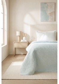 Resim Ocean Home Textile Pamuklu Kapitoneli Açık Mavi Renk Çizgi Desen Tek Kişilik Yatak Örtüsü Seti 1 Adet 180 X 230 / 1 Adet 50 X 70 Cm 