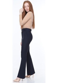 Resim Beli Kemerli Ispanyol Paça Lacivert Kumaş Pantolon Lacivert 