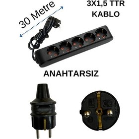 Resim Avarson 5'li Beşli Priz Topraklı Kablolu Siyah 3x1,5 Ttr 30 Otuz Metre 