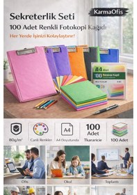 Resim Pembe Sekreterlik Seti + 100 Adet Renkli A4 Fotokopi Kağıdı Dayanıklı Kapak, Çok Amaçlı Kullanım 