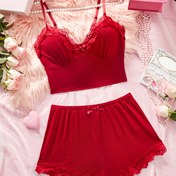 Resim 2'li Kadınlar için Şık Kırmızı Dantel Pijama Takımı - V-Yaka, Kolsuz, Kurdele Detaylı Şort, Polyester Karışımı, Tüm Mevsimler için Rahatlık, Romantik Hediye Fikri, Romantik Hediye|Şık Dantel Tasarımı|Polyester Karışımı 