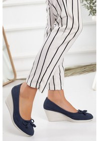 Resim Dilimler Ayakkabı Dolgu Taban Lazer Kesim Lacivert Kadın Topuklu Ayakkabı-74-Lacivert 