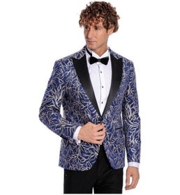 Resim Wessi Işıltılı Sarmaşık Desenli Slim Fit Mavi Erkek Smokin Ceket Mavi 