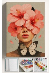 Resim Sayılarla Boyama Seti Numaralı Tuval Fırça Boya Dahil Kasnaklı Set 40x50 Cm - Kelebek Kadın 