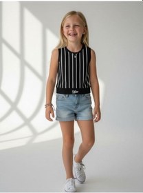 Resim Kız Çocuk Pamuklu Çizgili Crop Bluz-16801 Siyah 