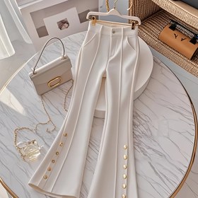 Resim Kadınların Metal Düğmelerli Zarif Düz Renkli Paçalı Pantolonları - Günlük ve Ofis Giyiminde Şık Beyaz Polyester Pantolonlar, Tüm Mevsimler İçin Rahatlık, Ofis Pantolonları | Zarif Pantolonlar | Polyester Kumaş 