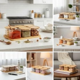 Resim 6'lı Bambu Kapaklı Cam Kahvaltılık ve Kuruyemişlik, 13 Parça Tepsili Çerezlik Seti, Vakumlu Kapak (28CM-19CM-8CM) 