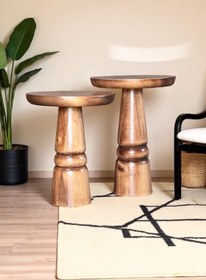 Resim AYLESA Doğal Ahşap 2’li Set Mantar Yan Sehpa Modern Fiskos Zigon Çiçeklik 