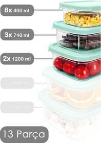 Resim Meleni Home 13'lü Dikdörtgen Erzak Saklama Kabı Seti - Mikrodalgaya Uygun Düzenleyici Organizer Erzak Kabı Yeşil 