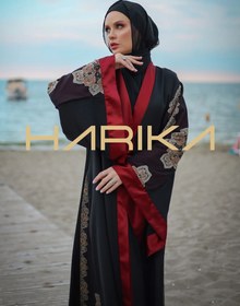 Resim ipek krep ve kırmızı saten detaylı Japon tarzı ferace - XL 
