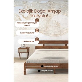 Resim Renazzo Mobilya Lotus Modern Ahşap Karyola - Özel Tasarım 2'li Başlık Detaylı Modern Masif Çam Karyola 