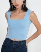 Resim As Collection Mavi Kare Yaka Likralı Fit Triko Kadın Crop Bluz 