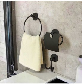 Resim Yapışkanlı Banyo Aksesuar Seti Yuvarlak Havluluk Kapaklı Tuvalet Kağıtlığı Bornozluk Siyah 