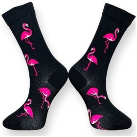Resim Me-vo Tekli Siyah Renkli Erkek - Kadın Unisex Esnek Nem Alabilen Pamuklu Flamingo Desenli Soket Çorap Siyah 