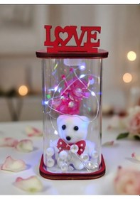 Resim Köşeli Cam Fanus Love Yazılı Işıklı Ledli Fanus 15 Cm Kırmızı 