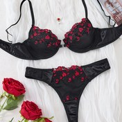 Resim Kadınlar için Şık Siyah & Kızıl Dantel Çiçekli Fransız İlhamlı Tam Lingerie Seti - El Yuyulabilir Askısiz/Tezgâh Omuzlu Sütyen ve Fiyonk Detaylı ile Alçağa Üç şekilli şort, Rahat Günlük Özel Durum Giysileri, Ýastikszy Destegeli Tasarym we Nakışly Gyz çekme detallari, ýakymlaşdyrylan Thong Paltarlar, ön düwmel sutyeni (Partiliňe&Gündeligine) – Dińe äl yuwuñylmaq bolup bolar. Sutien hem panti seti. Bralette Hem Inegiye toplumi 