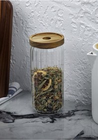 Resim Timber Cam Kavanoz - Çizgili Saklama Kavanozu - Ahşap Kapaklı, 950 Ml 