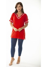 Resim Kadın Büyük Beden Kırmızı Yaka Ve Kolları Nakış Detaylı Omuz Dekolteli Bluz 65n36923-kırmızı Kırmızı 