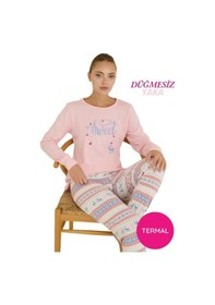 Resim Seamlife Kadın Bisiklet Yaka Düğmesiz Bilekler Lastikli/jogger Yumuşak Termal Kışlık Pijama Takımı Pembe 