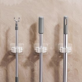 Resim Kolay Kurulum için Yapışkanlı Mop ve Süpürge Tutucu - Matkap Deliği Gerektirmeyen Duvara Monte Banyo ve Mutfak Araçları Depolama Rafı, Dayanıklı Plastik Ev Temizlik Malzemeleri Organizasyon Rafı, Kullanışlı Kanca 