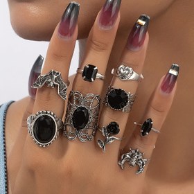 Resim 9 Parça Antika Gümüş Gotik Siyah Gül Yarasa Kalp Tasarımlı Vampir Yığın Yüzük Seti Kadınlar İçin 