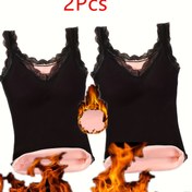 Resim 2 adet Dantel Detaylı Termal İçlik Üst, Yumuşak Kolsuz Peluş Üst, Kadın İç Giyim & Pijama 