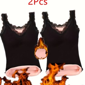 Resim 2 adet Dantel Detaylı Termal İçlik Üst, Yumuşak Kolsuz Peluş Üst, Kadın İç Giyim & Pijama 