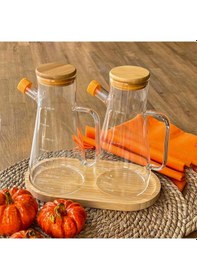 Resim Cam Şişe Yağdanlık 900 Ml Bambu Vakumlu Kapak Ahşap Stantlı 