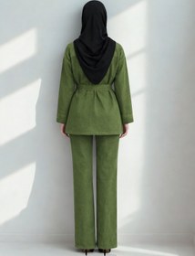 Resim Tesettür Diyarı Kadın Kuşaklı Denim Tesettür Takım- Yeşil 
