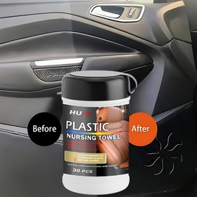 Resim Araba Plastik Yenileme Islak Mendiller, Taşınabilir Kova Kaplı Bezler Kullanılmış Araç Parçalarının Cilalama ve Bakımı İçin, Beyazlatma ve Çizik Onarımı için Siyah Parlaklık Lastiği 