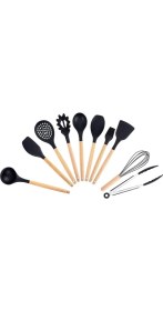 Resim Okaliptus Standlı 11 Parça Mutfak Seti Isıya Dayanıklı Silikon Yanmaz Yapışmaz Çizmez - Siyah 