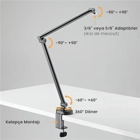 Resim AyrStore Ergonomik Premium Mikrofon Tutucu, Ayarlanabilir Kol ve Yükseklik Masa Mikrofon Standı 