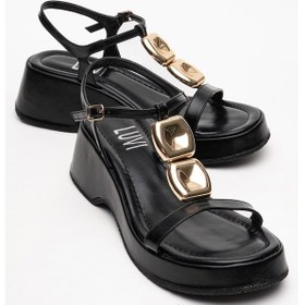 Resim Luvi Shoes Kerry Siyah Gold Tokalı Dolgu Tabanlı Kadın Sandalet Siyah 